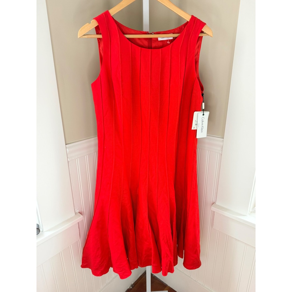 NWT Calvin Klein Fire Red Linen Blend Pintuck Fit & Flare Dress 10 CD8M1583